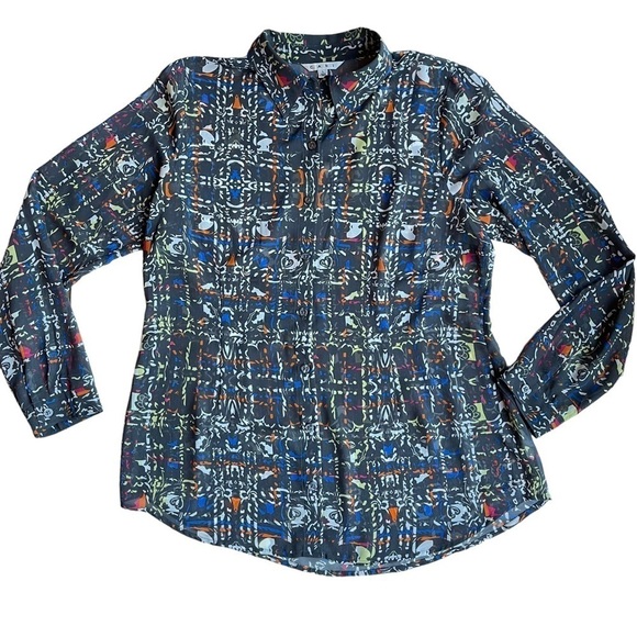 Cabi Women’s Size Large Festival Geometric Sheer gray Button Down blouse shirt - Picture 1 of 7